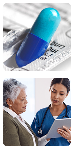 Multicolored capsule upright in an open blister pack of medication; Healthcare professional reviewing information on a tablet computer with a patient